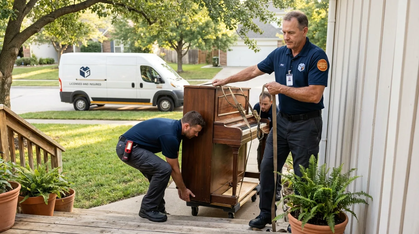 Licensed piano movers securing grand piano in Dillon, MT