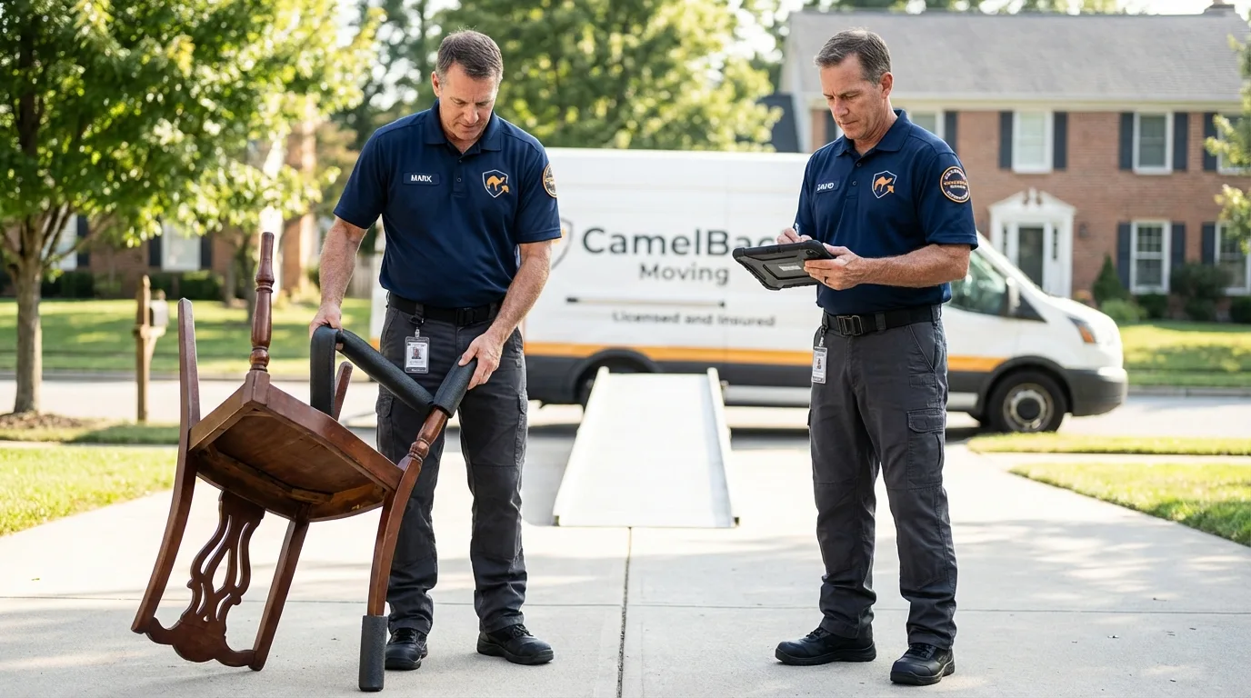 Movers inspecting furniture for damage prevention before loading in Dillon, MT
